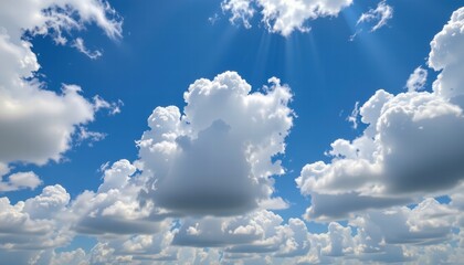 Beautiful Blue Sky with Fluffy White Clouds Illuminated by Bright Sunlight in a Serene Daytime Atmosphere, Perfect for Nature and Weather Themes