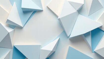 Abstract geometric background featuring three-dimensional triangular shapes in soft blue and white hues creating a modern and fresh visual appeal