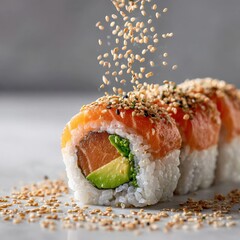 Sushi Rolls with Salmon, Avocado, and Falling Sesame Seeds
