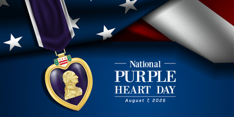 August 7, 2025 is National Purple Heart Day. Purple heart medal and more. Great for posters, banners, and social media. Blue background.