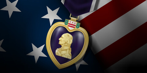 August 7, 2025 is National Purple Heart Day. Purple heart medal, american flag and dark. Great for posters, banners, and social media. Blue background.