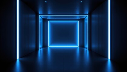 Futuristic empty corridor with glowing neon blue lights creating a modern and minimalistic atmosphere for technology or creative themes
