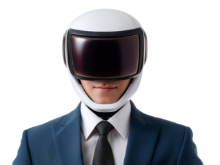 Futuristic business figure with helmet modern office portrait neutral background creative concept