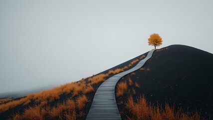 A solitary golden tree stands atop a dark volcanic hill reached by a winding wooden boardwalk through dry grass