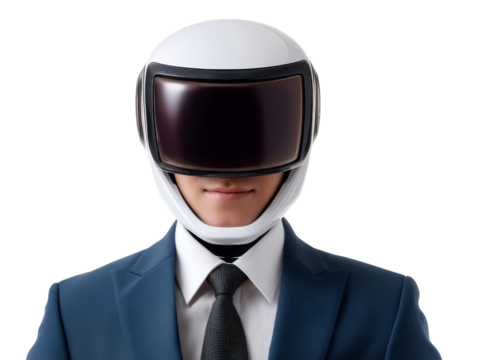 Futuristic business figure with helmet modern office portrait neutral background creative concept