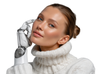 Futuristic interaction indoor studio portrait photography modern technology close-up human-robot collaboration