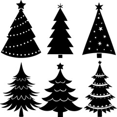 Obraz premium Christmas tree silhouette set with star and decorative elements, festive holiday symbols in black shapes, joyful seasonal icons