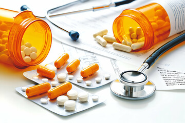 pills, prescription bottles and a stethoscope on a medical document