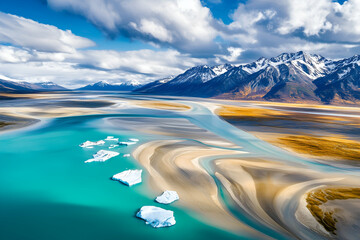panoramic nature background of a remote mountain valley with a glacial lake