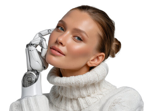 Futuristic interaction indoor studio portrait photography modern technology close-up human-robot collaboration