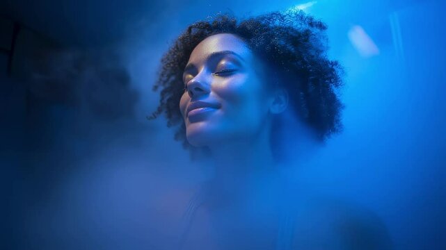 Young woman is taking a cryotherapy session, standing in a freezing vapor cloud. This treatment is becoming very popular to relieve pain and reduce inflammation