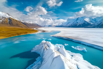 breathtaking aerial view of a glacial lake with icebergs and snowy mountains