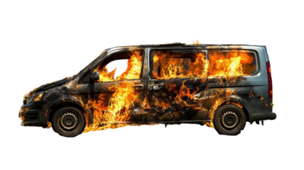 High-resolution transparent PNG cutout of a minivan engulfed in raging engine fire with extensive charred metal, billowing smoke, and crash damage—perfect for emergency response, safety training