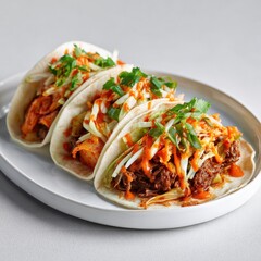 Three Tacos with Meat, Kimchi, Cabbage, and Sauce on Plate