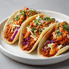 Three Tacos with Meat, Cabbage and Kimchi on Plate