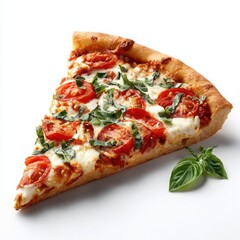 Tomato Basil Pizza Slice with Basil Leaves on White