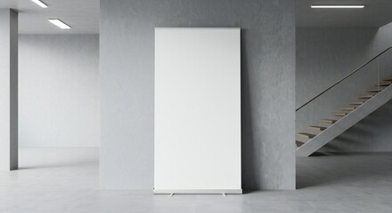 Minimalistic interior with concrete walls, white roll-up banner, soft overhead lighting, and a staircase. Focus on composition and clean lines.