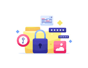 a concept of personal data protection. encryption protection and security to protect information data and files. illustration of a folder with password, padlock, image symbol, and key. flat style