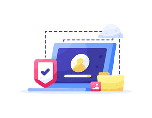 a concept of personal data protection. Authentication and Authorization. protection and security to protect information data and files on a laptop. illustration of a laptop with a shield, folder