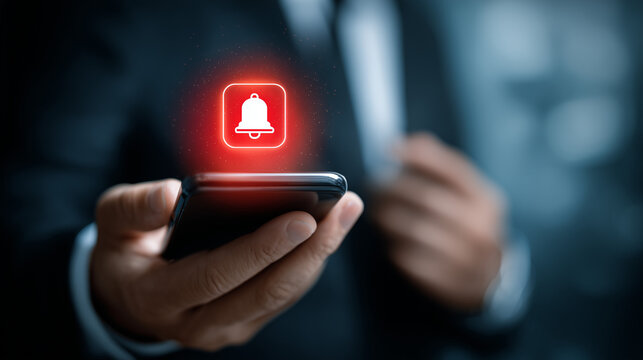 A businessman in a suit using a smartphone with a push alarm bell icon on the screen, showing a banner of a new message alert concept for business communication technology and social network services.
