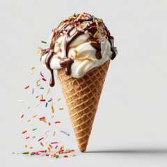 Vanilla Ice Cream Cone with Chocolate Sauce and Sprinkles
