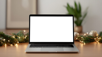 Open laptop with blank screen mockup on home office desk decorated with Christmas garland and warm string lights, creative workspace setting