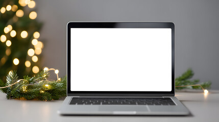 Open laptop with blank screen mockup on home office desk decorated with Christmas garland and warm string lights, creative workspace setting