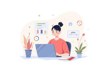  a clean and soft digital illustration showing a person working on a laptop at a tidy desk, with floating data elements around, modern and friendly style