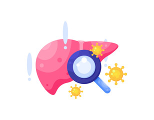 liver disease diagnosis concept. health or medical examination. virus infected liver. illustration of a liver organ with magnifying glass and virus symbol. flat style design. world hepatitis day