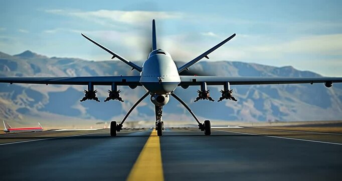 Drone taking off on runway with mountains in background