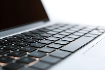 A detailed side-angle view of a laptop keyboard showcases modern, slim keys and metallic edges. The clean design and sharp focus evoke technology and minimal productivity. Suitable for digital tools, 
