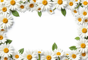 Fototapeta premium Daisy flower frame with green leaves on white background 