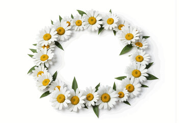 Fototapeta premium Circular wreath made of white daisies with green leaves 