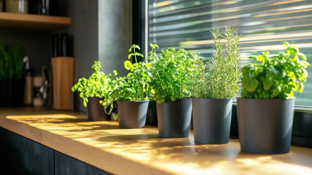 Sunlight streams into a modern kitchen illuminating a row of potted herbs on a wooden windowsill