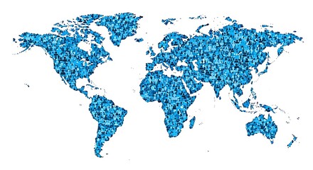 World Population Map: Global Human Mosaic in Blue Tones, Isolated.
