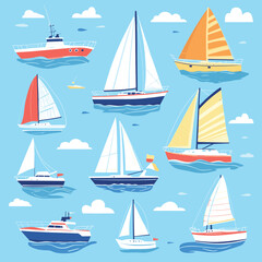 Cute yachts, boats and ships with sails floating in sea or ocean