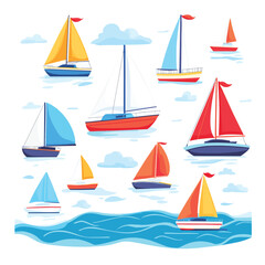 Cute yachts, boats and ships with sails floating in sea or ocean