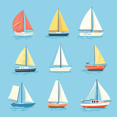 Cute yachts, boats and ships with sails floating in sea or ocean