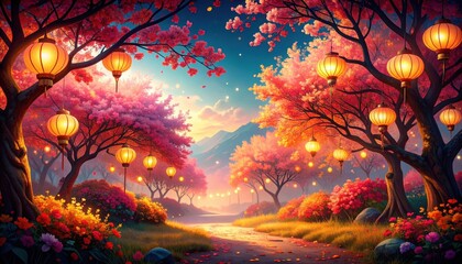 Cherry blossom festival at enchanted park beautiful lanterns illuminating nature's splendor serene evening viewpoint