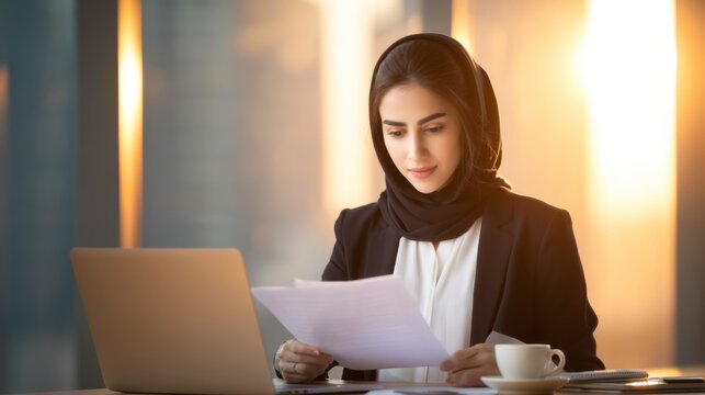 A focused woman wearing a hijab reads documents while working on a laptop in a modern office setting with warm lighting.