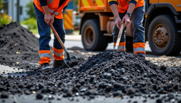 Construction workers are seen shoveling asphalt on road site, wearing safety gear including orange vests and gloves. scene conveys sense of teamwork and diligence in urban infrastructure work