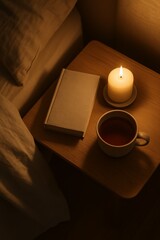 A bedroom nightstand with a closed book, a burning candle, and a cup of tea. Soft lighting creates a cozy atmosphere