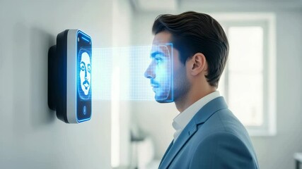 Young man utilizing futuristic facial recognition technology in modern office environment - Powered by Adobe