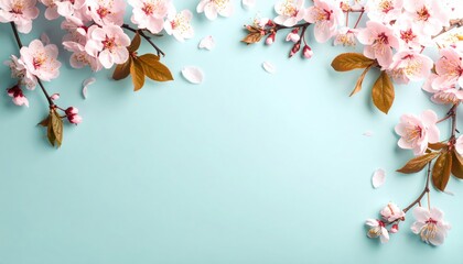 Spring blossoms action cherry blossom tree floral arrangement light blue background top view nature's beauty for home decor