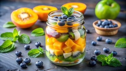 Layered Fruit Salad in Mason Jar: Mango, Kiwi, Blueberry, and Mint Garnish.