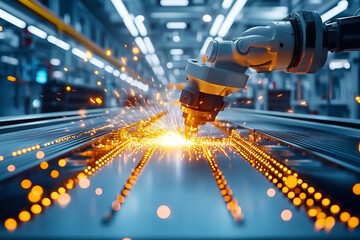 robotic arm welding metal on a production line in a factory with sparks
