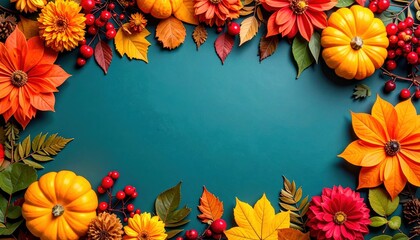 Autumn floral arrangement with pumpkins vibrant colors decorative design studio setting overhead view seasonal celebration inspiration