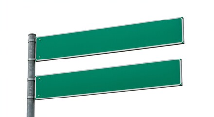 A minimalist street sign featuring two empty green panels on a galvanized metal pole, isolated against a white background, emphasizing simplicity and clarity.