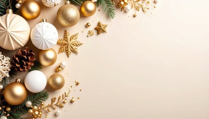 Festive holiday decorations elegant arrangements image of christmas ornaments luxurious atmosphere top-down view seasonal celebration