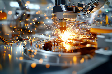 manufacturing process with an automated robotic welder creating bright sparks